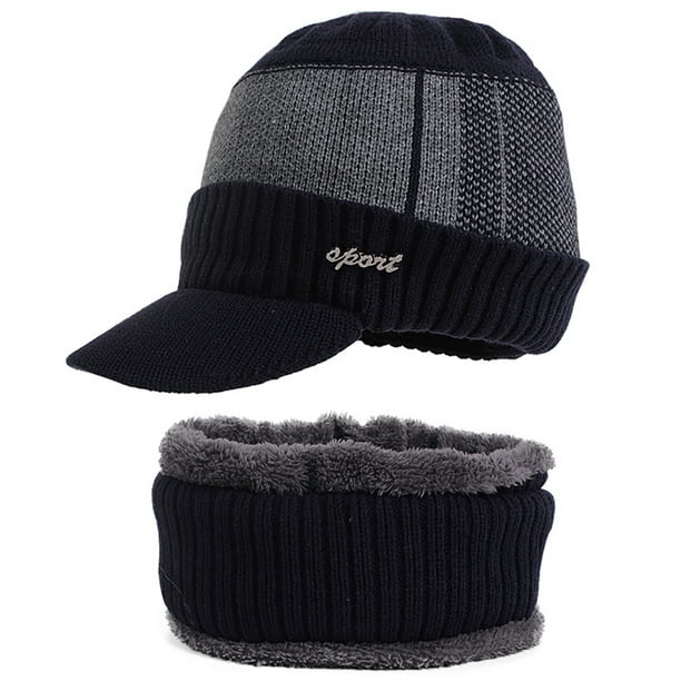 Men's Beanie Hat Scarf Set Neck Cover  Winter Warm Fleece Knitted Thick Ski Cap, 